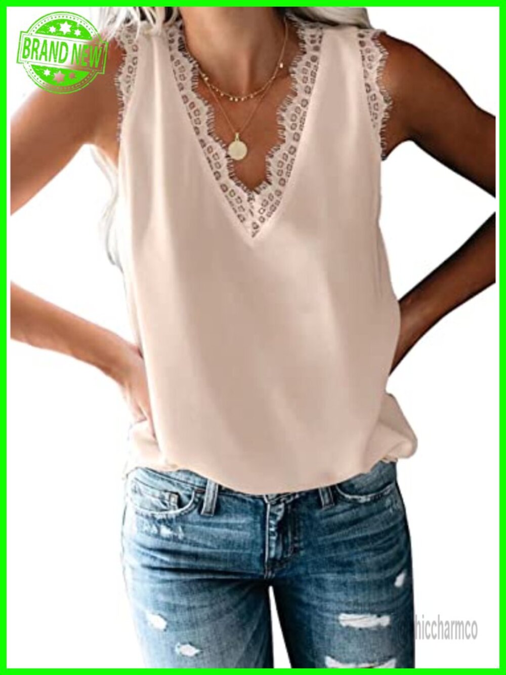 Women's Lace Trim V-Neck Tank Top Sleeveless Summer Shirt